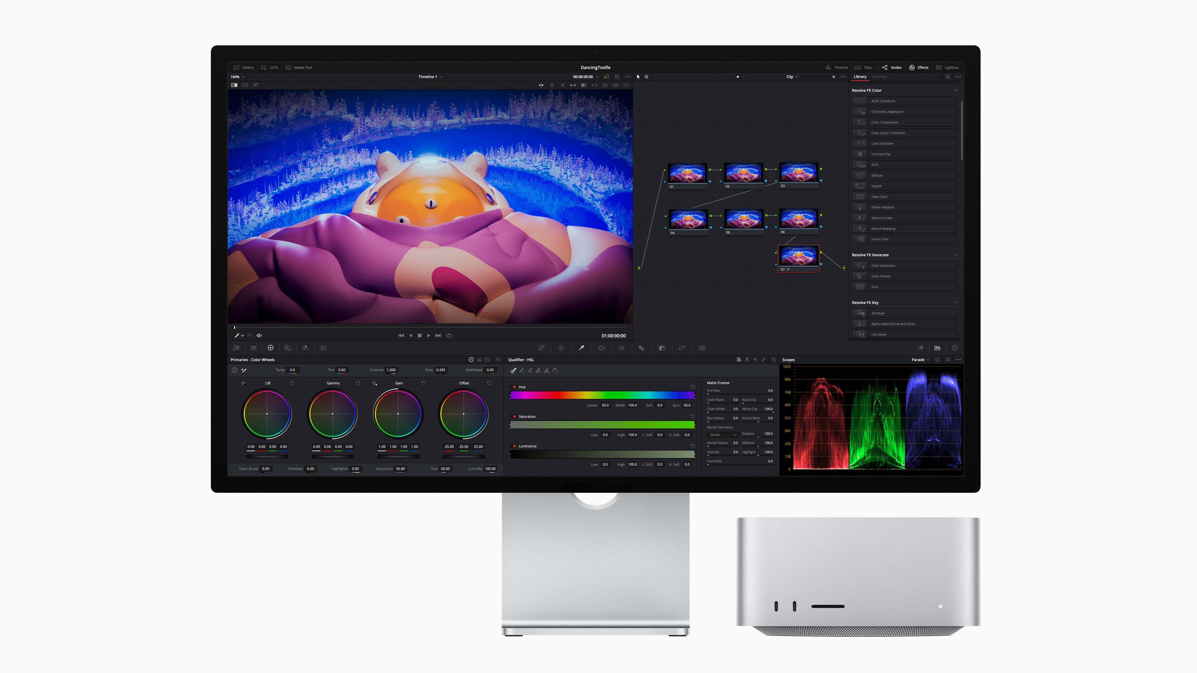 以搭載 M2 Ultra 的 Mac Studio 使用 DaVinci Resolve 的校色師將能體驗比前一代快 50% 的影片處理速度。