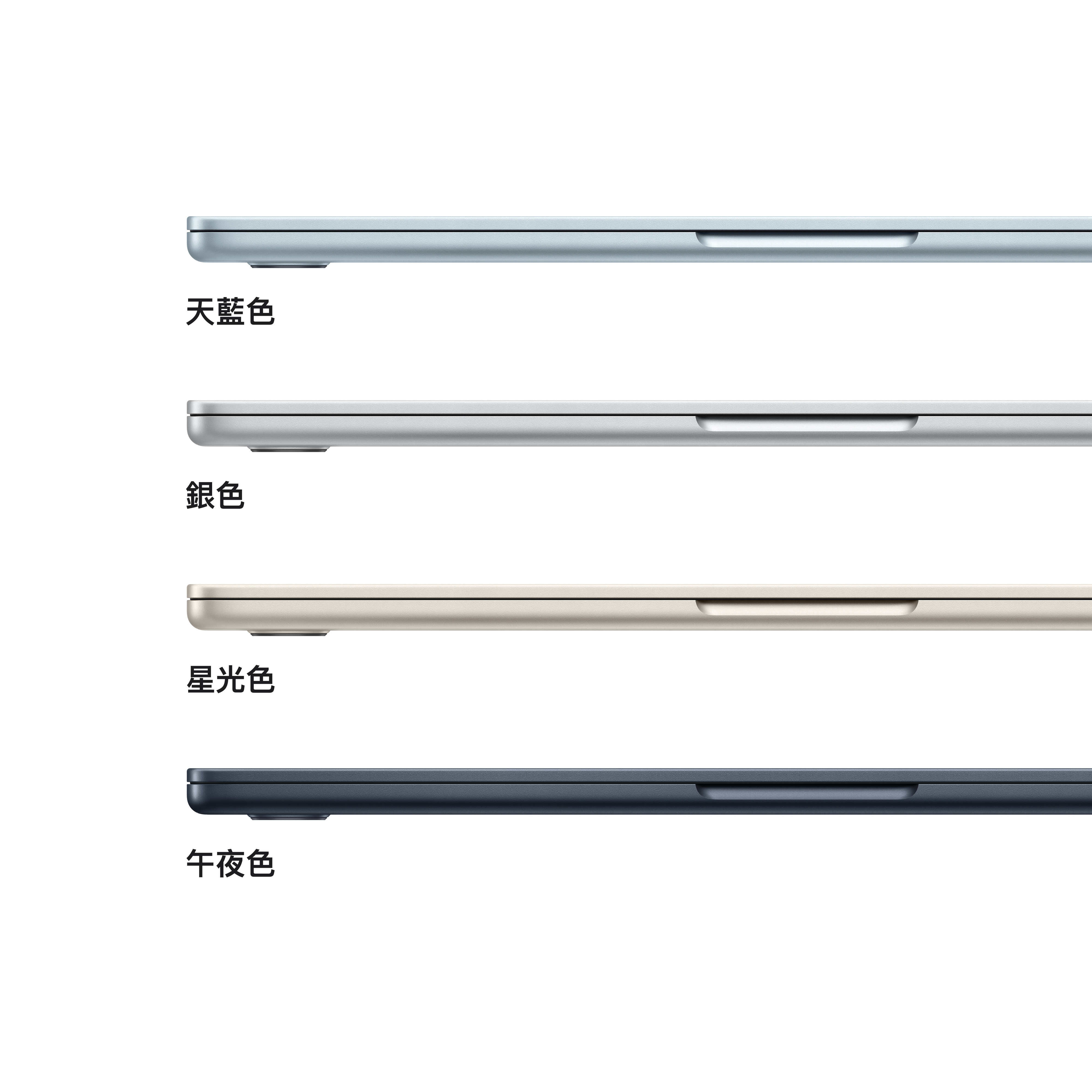 13 吋 MacBook Air 讓出門在外的使用者提供絕佳便攜性，採用纖薄、輕巧且完全靜音的無風扇設計，並提供四款絕美選色：天藍色、午夜色、星光色和銀色。