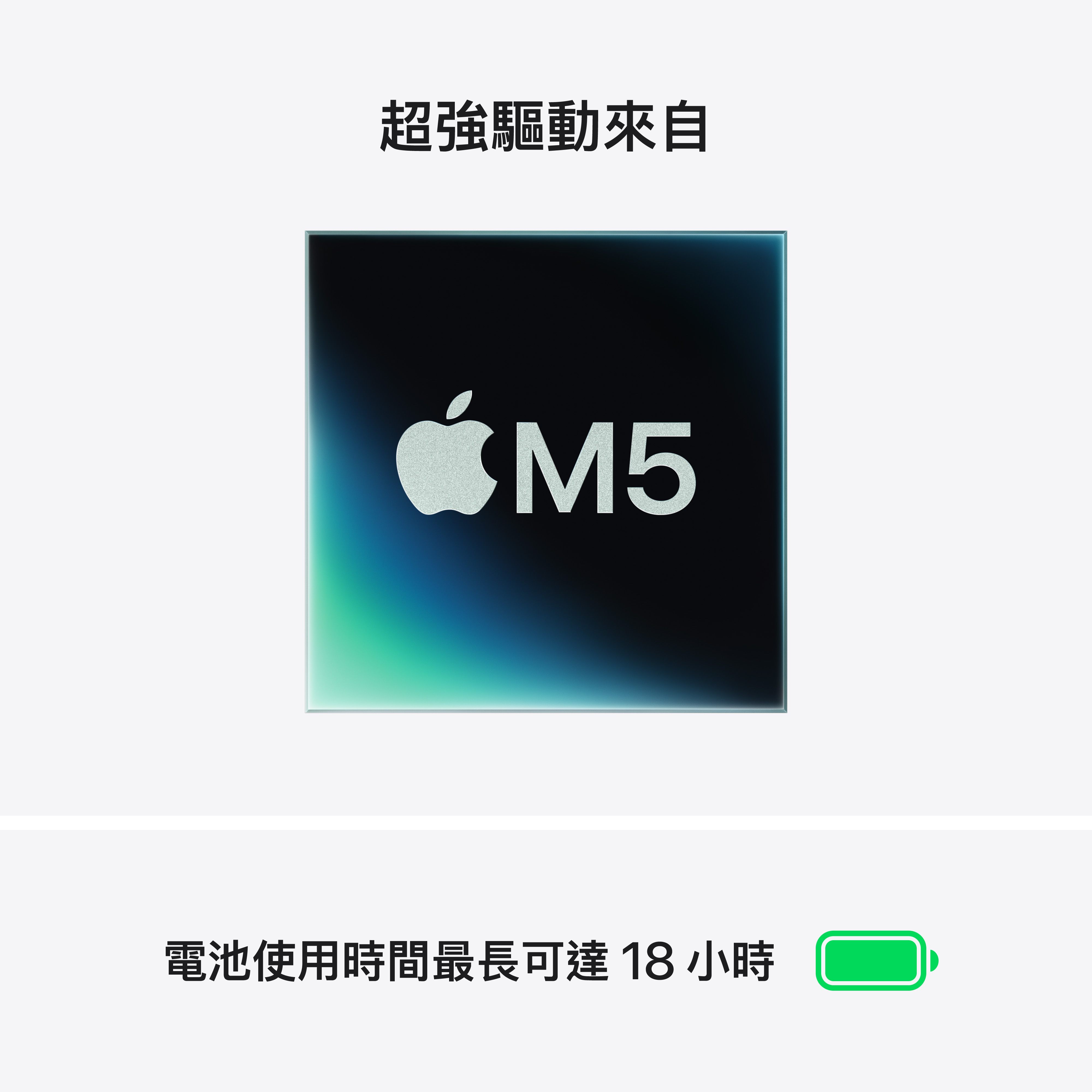 配備更快速的 CPU 和統一記憶體，M5 在不同 app 間展現更強勁的效能，執行也更流暢，讓多工處理或進行繁重的工作流程，更顯順暢靈敏。