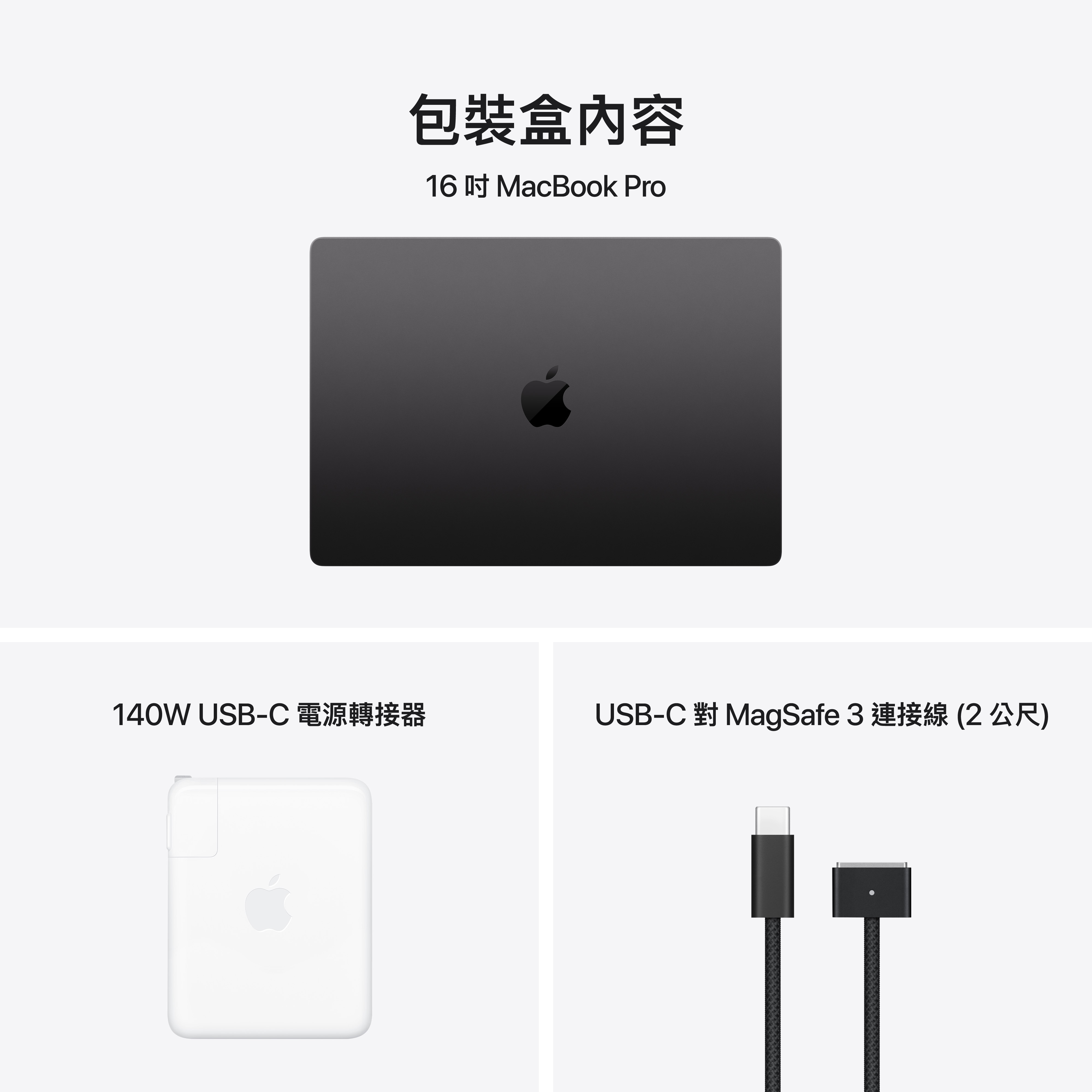 包裝盒內容：Macbook Pro 16吋、USB-C 電源轉接器、USB-C對MagSafe 3 連結線(2公尺)