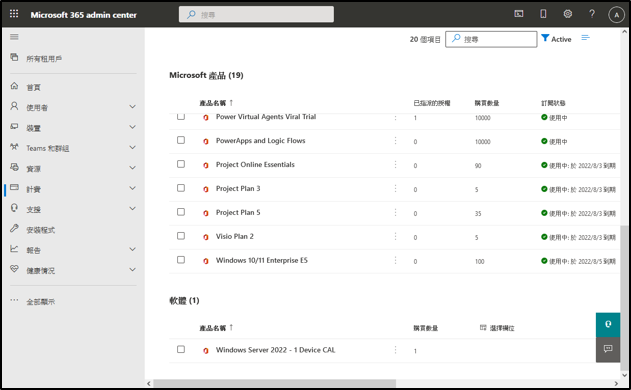 管理授權(Microsoft 365 Admin Center)：計費→您的產品