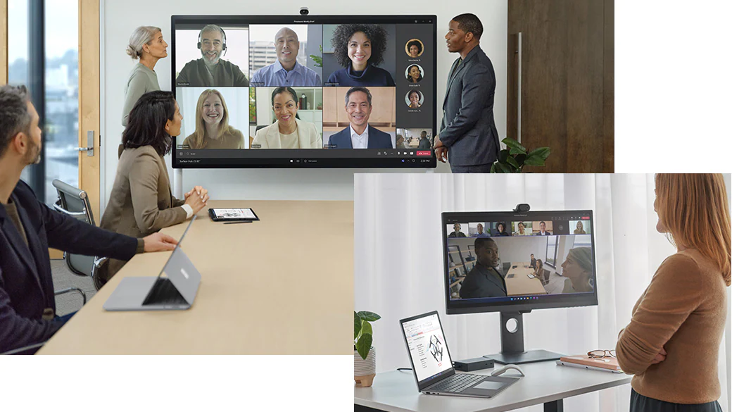 AI 支援的 Surface Hub 2 智慧相機1 會為遠端參與者自動定框視訊摘要，盡可能地讓他們檢視整個會議室。遠端參與者可透過前景和背景上同步、清晰的焦點，動態檢視會議室內的互動情形。